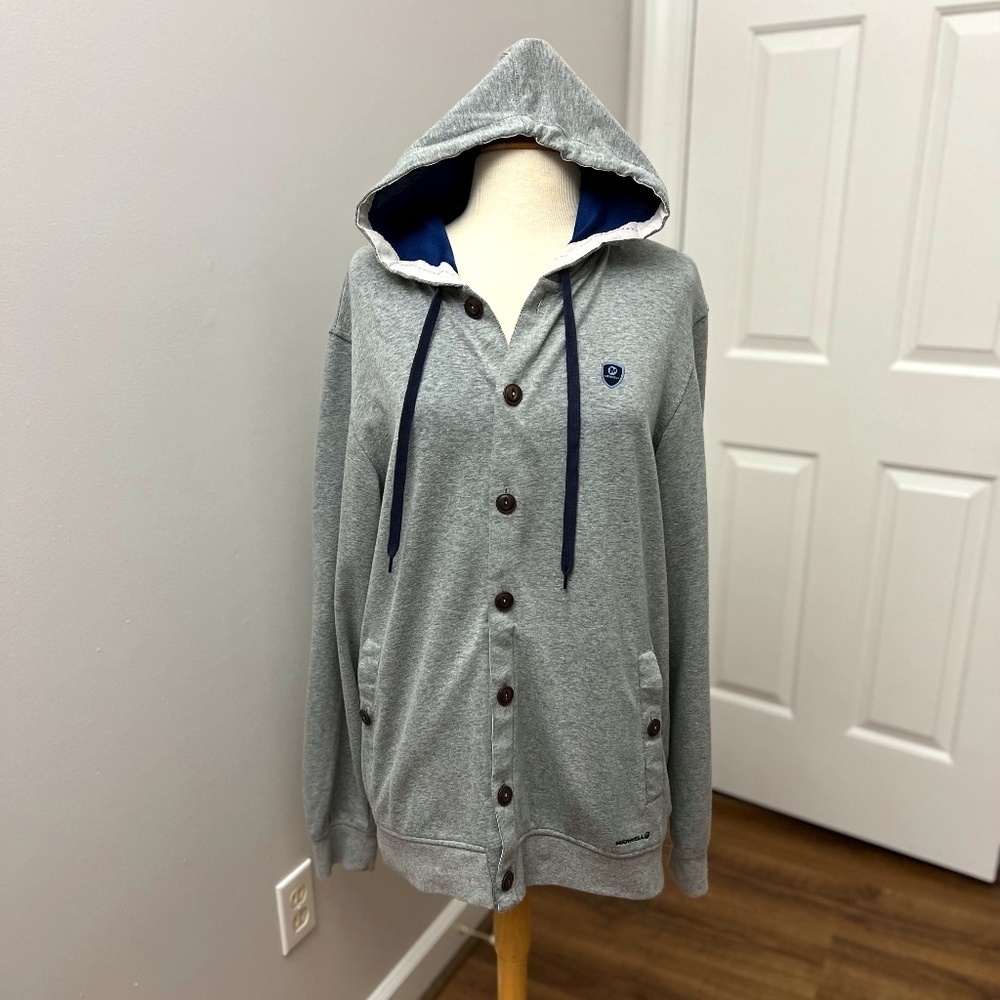 Merrell Gray Button Hoodie with Patch Elbows Sz L